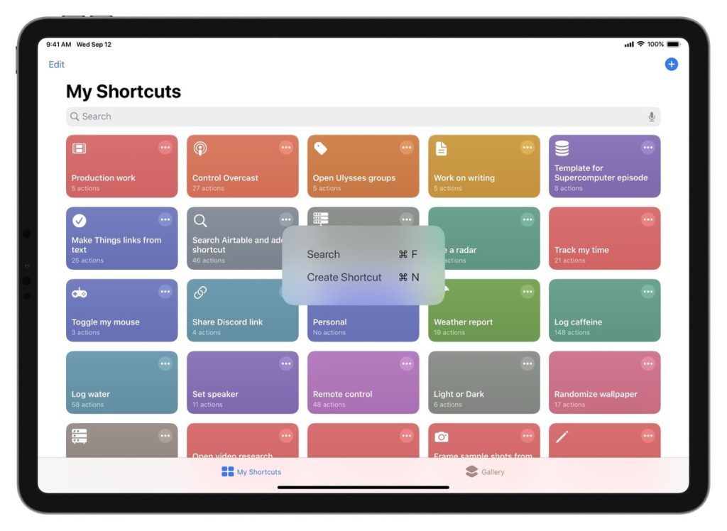 Screenshot of the Shortcuts app showing the two keyboard shortcuts from the My Shortcuts view – Command F for Find and Command N for new.