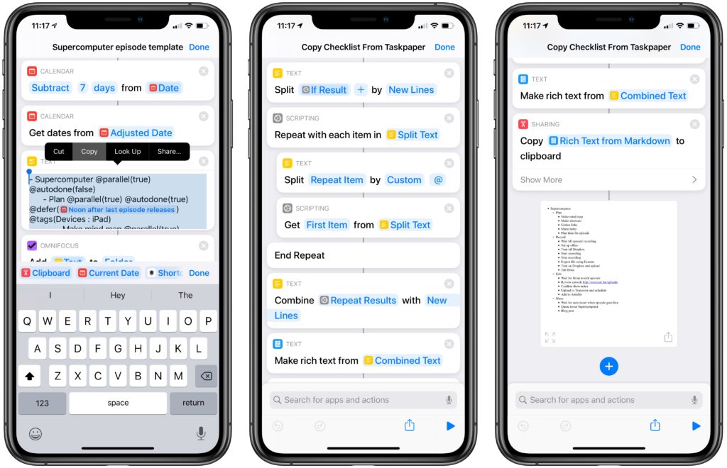 Three screenshots from the Shortcuts app, showing user copying a TaskPaper list out of one, running it through the linked shortcut, and showing a final result of a Markdown-formatted checklist.