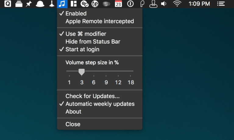 Screenshot of iTunes Volume Control running in a Mac menu bar
